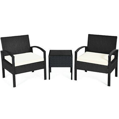 3 Pieces Outdoor Rattan Patio Conversation Set with Seat Cushions-White - White
