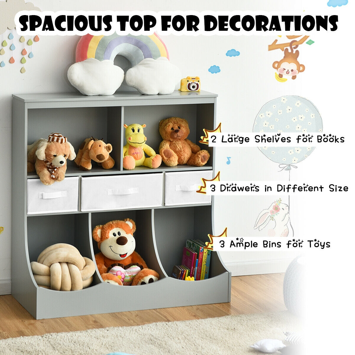 Freestanding Combo Cubby Bin Storage Organizer Unit W/3 Baskets-Brown - Gray
