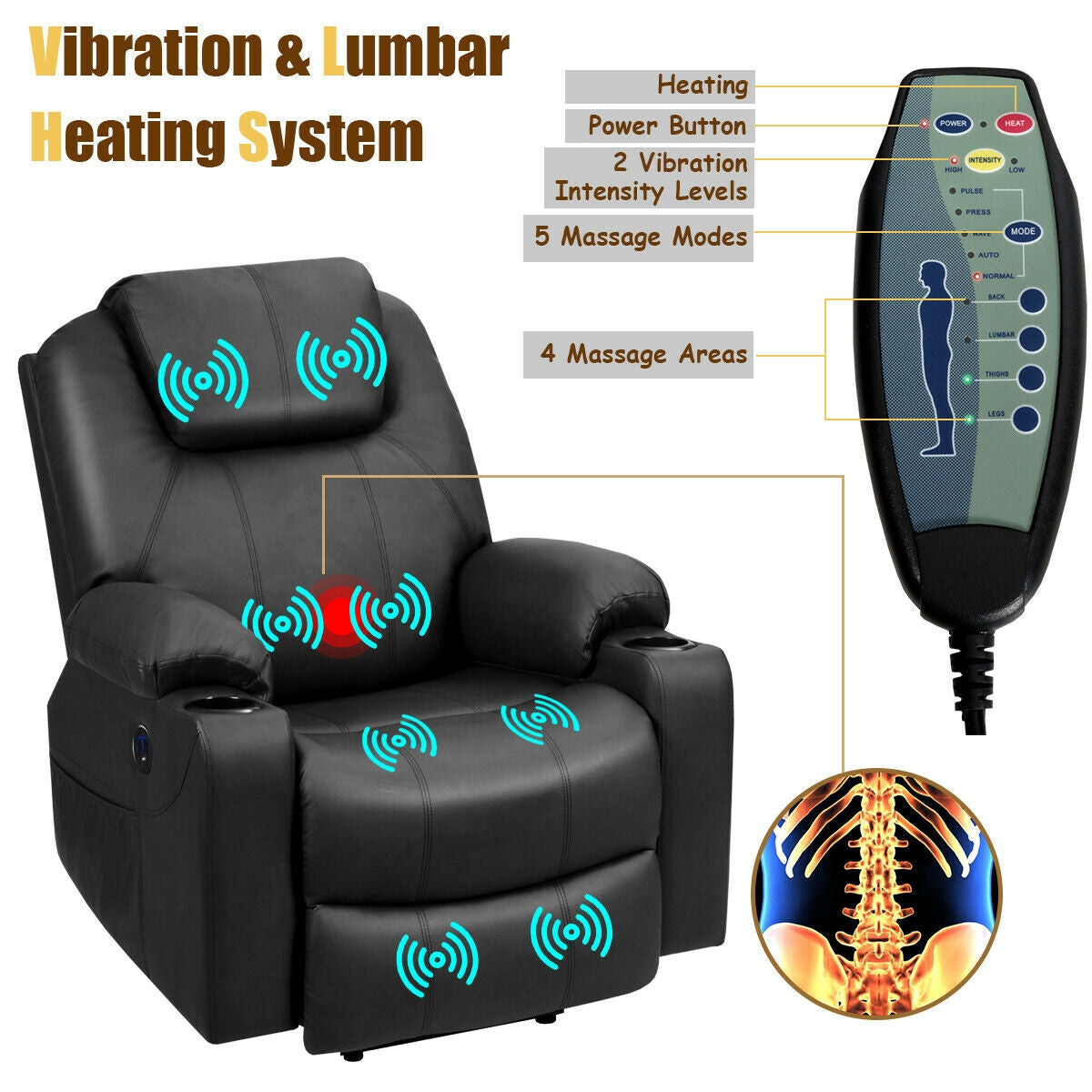 Electric Power Lift Leather Massage Sofa-Black