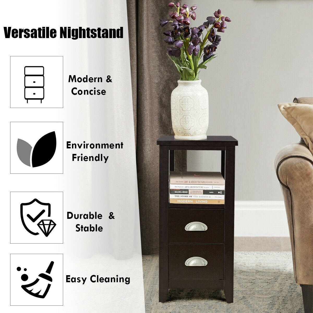 Set of 2 End Table Wooden with 2 Drawer & Shelf Bedside Table