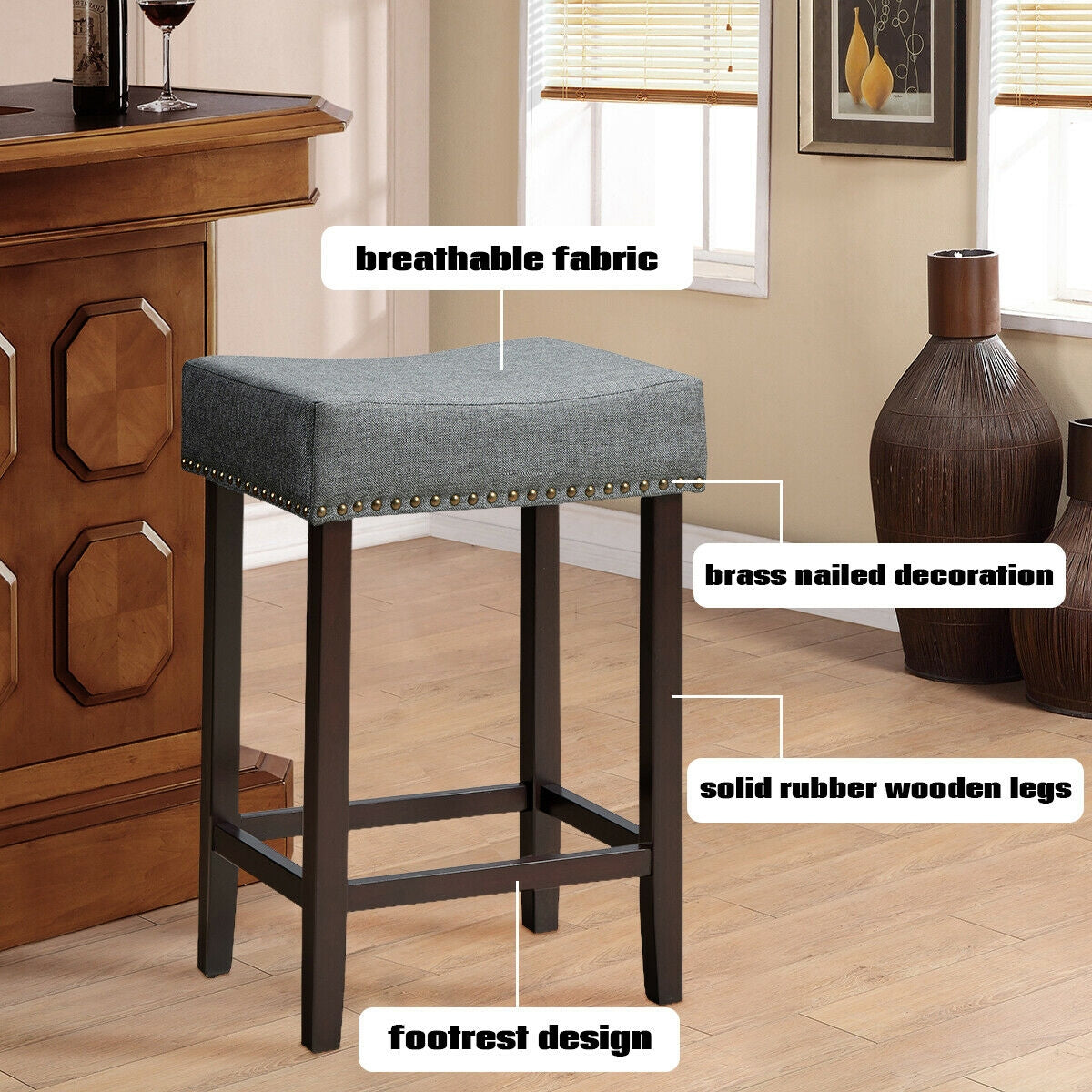 2 Pieces Nailhead Saddle Bar Stools with Fabric Seat and Wood Legs-Gray