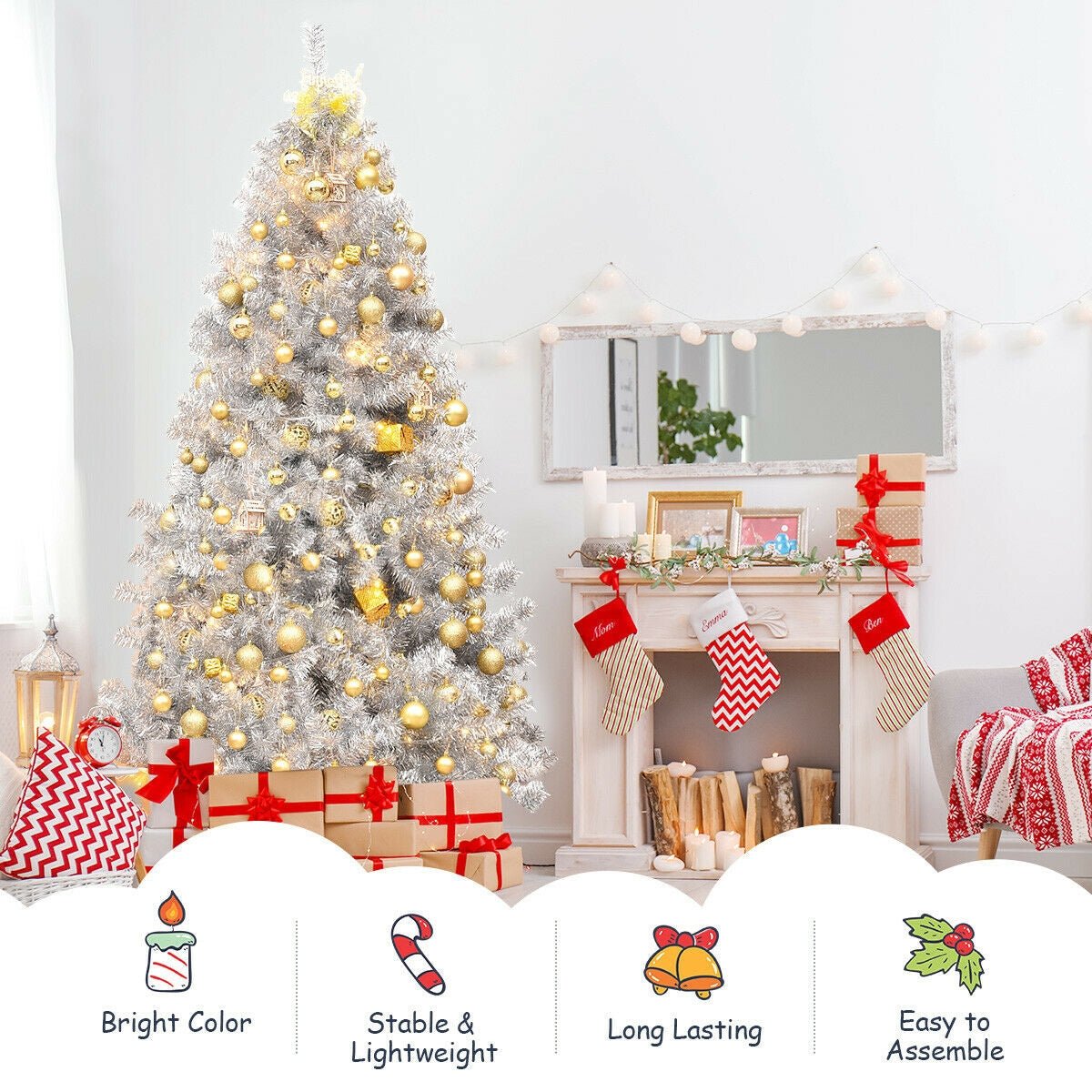 7.5 Ft Hinged Unlit Artificial Silver Tinsel Christmas Tree