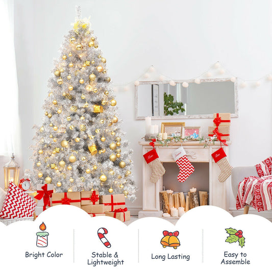 7.5 Ft Hinged Unlit Artificial Silver Tinsel Christmas Tree