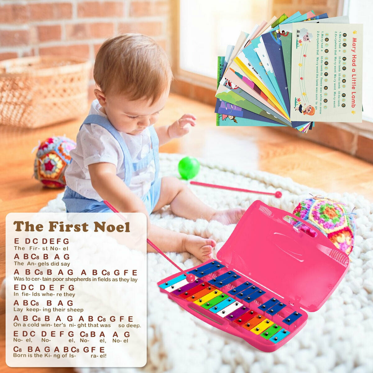 25 Notes Kids Glockenspiel Chromatic Metal Xylophone-Pink