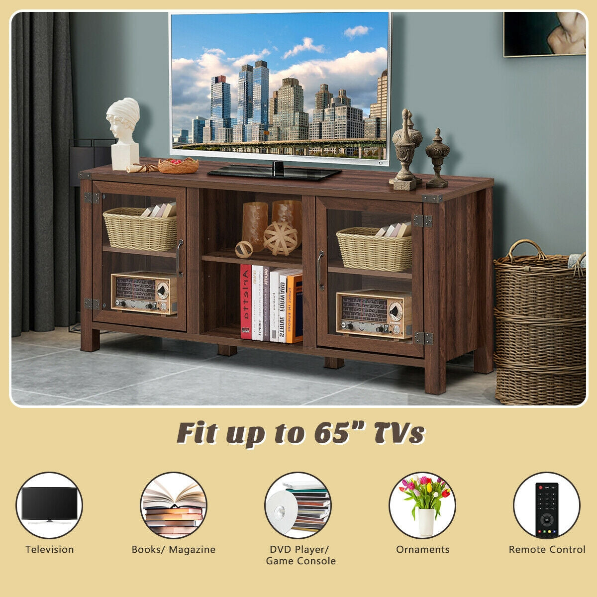 TV Stand Entertainment Center for TVs up to 65 Inch with Storage Cabinets-Walnut