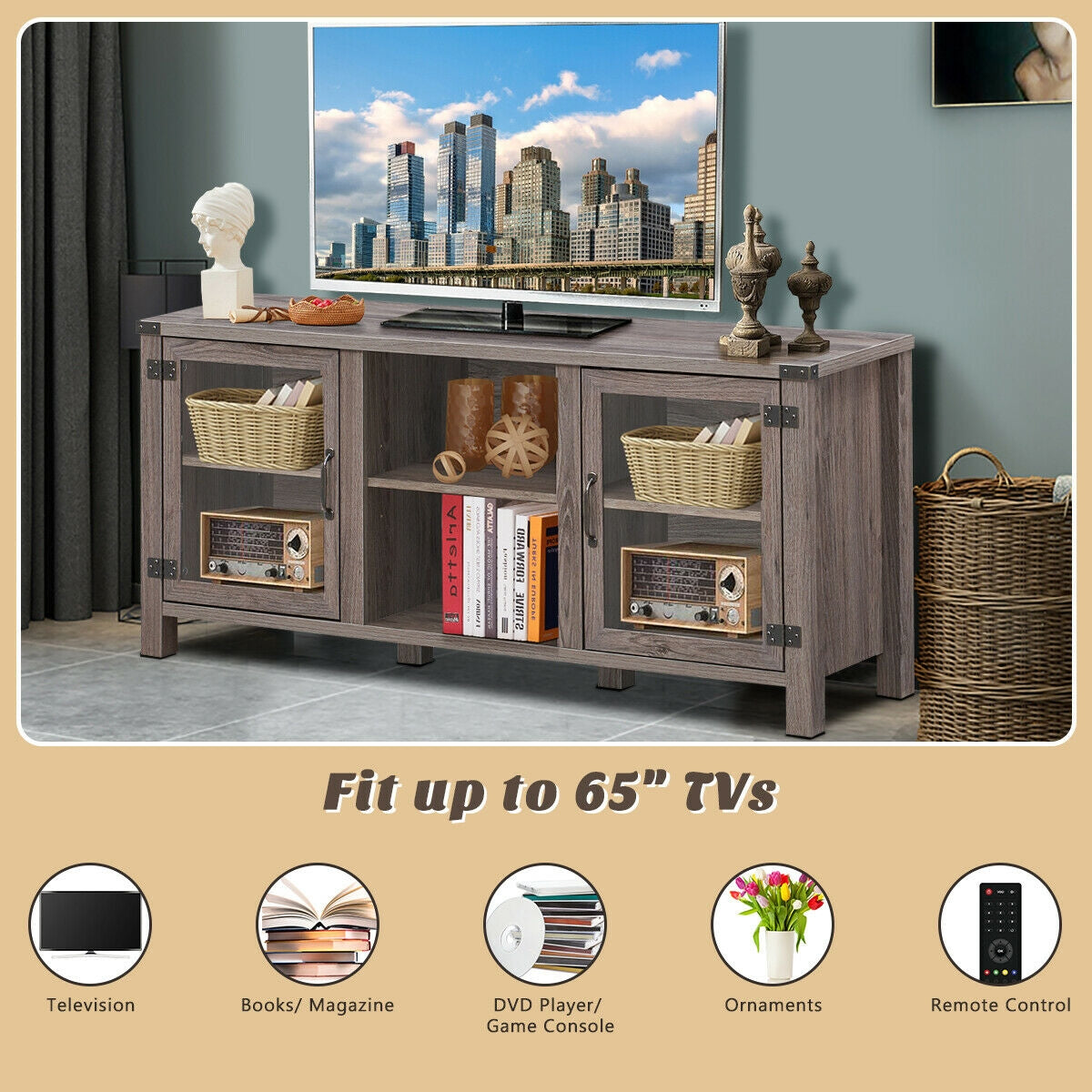TV Stand Entertainment Center for TVs up to 65 Inch with Storage Cabinets-Gray