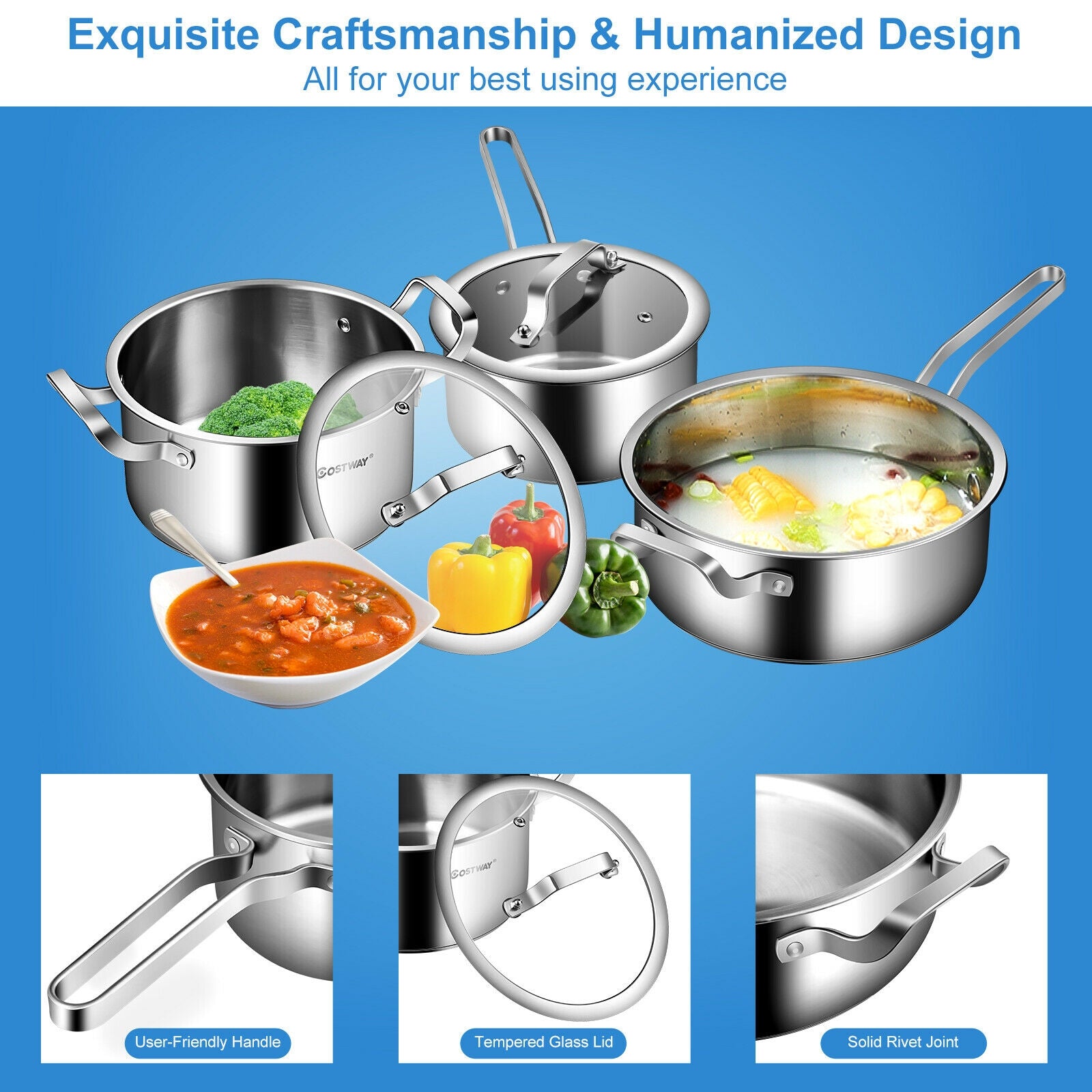 6 Piece Stainless Steel Cookware Set with Convenient Grip Handle