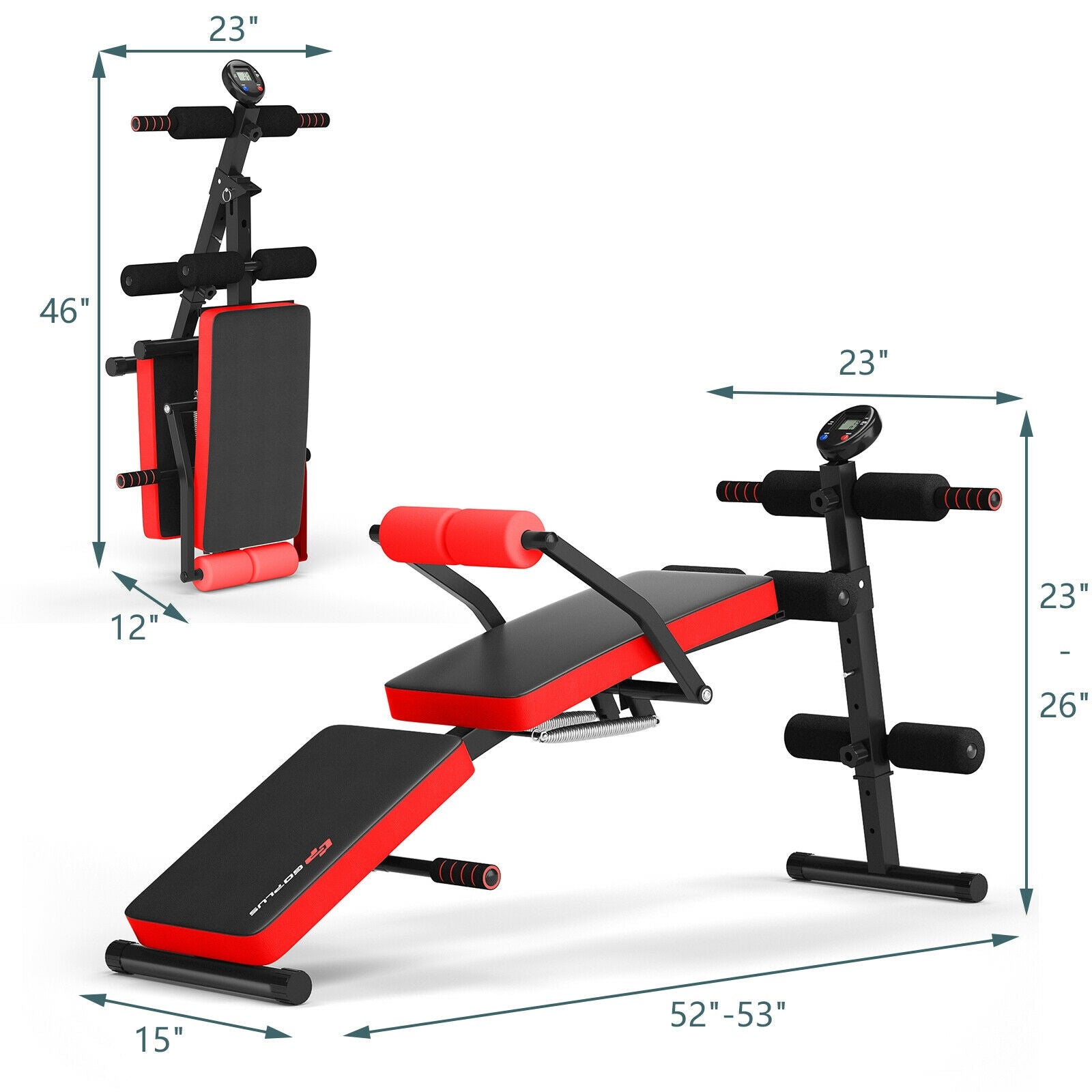 Adjustable Sit Up Bench with LCD Monitor-Red - Red