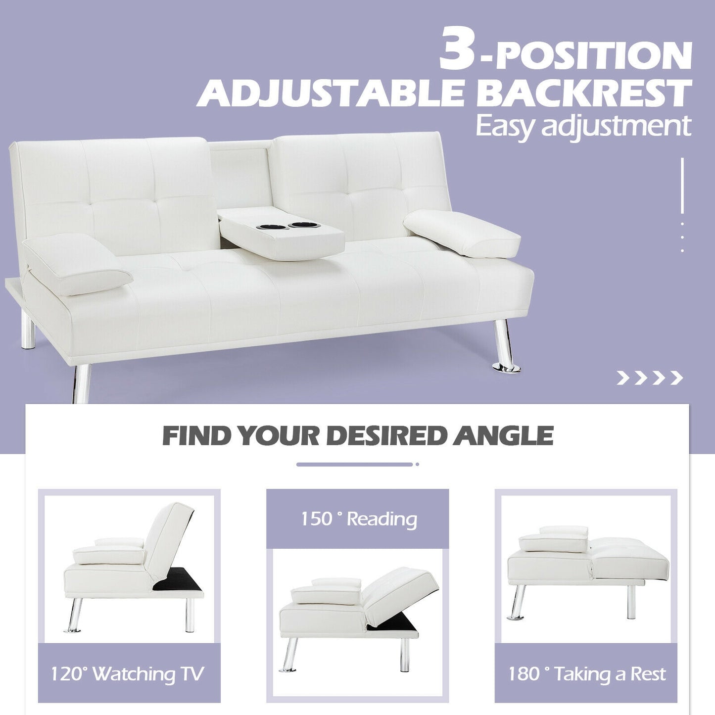 Convertible Folding Leather Futon Sofa with Cup Holders and Armrests-White
