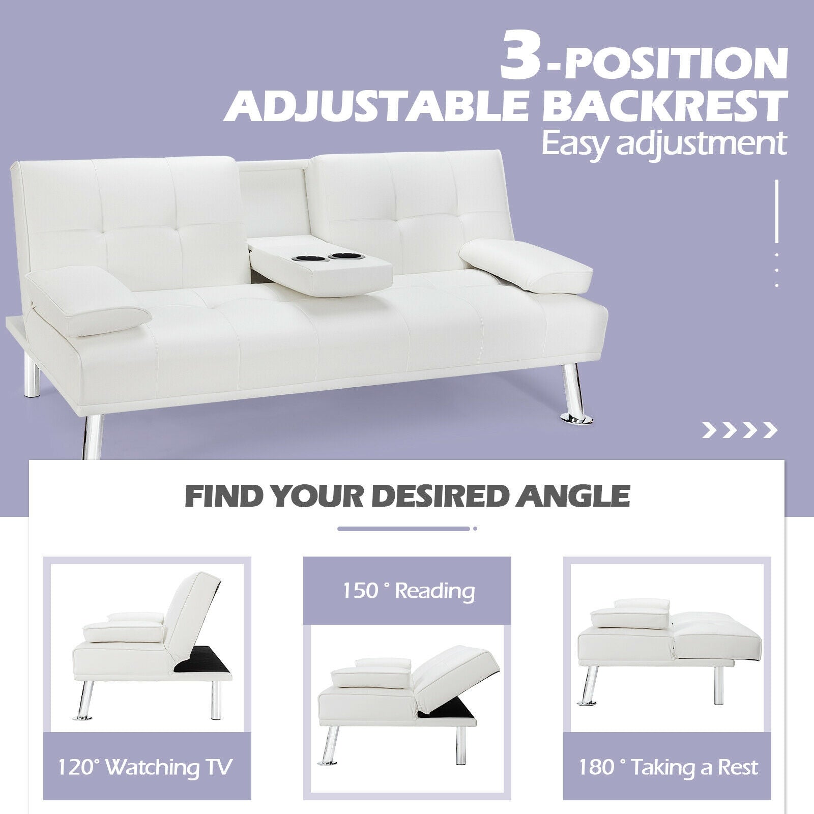 Convertible Folding Leather Futon Sofa with Cup Holders and Armrests-White