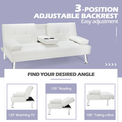 Convertible Folding Leather Futon Sofa with Cup Holders and Armrests-White
