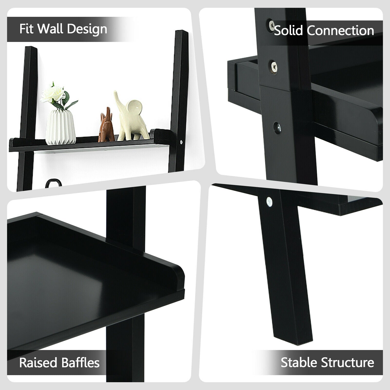5-Tier Wall-leaning Ladder Shelf Display Rack for Plants and Books-Black