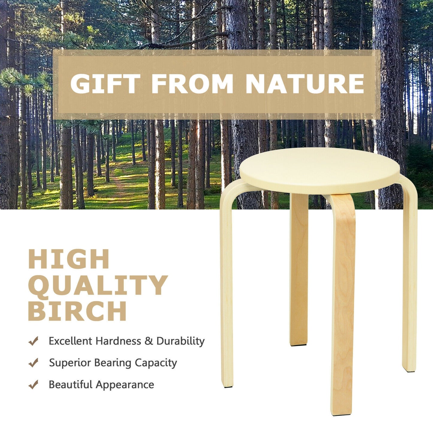 Set of 4 Bentwood Round Stool Stackable Dining Chairs with Padded Seat-Beige
