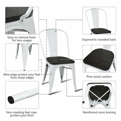 4 Pieces Tolix Style Metal Dining Side Chair Stackable Wood Seat-White