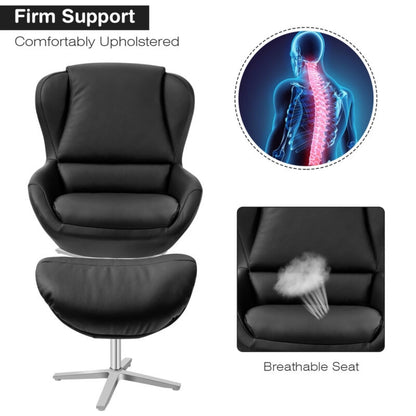 360¬∞ ¬†Swivel Leather Lounge Chair with Ottoman and Aluminum Alloy Base-Black