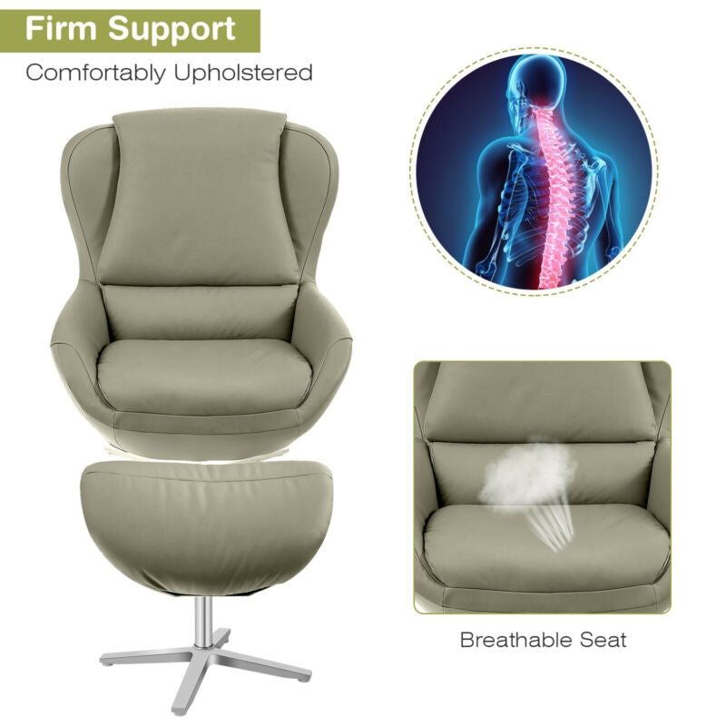 360¬∞ ¬†Swivel Leather Lounge Chair with Ottoman and Aluminum Alloy Base-Gray