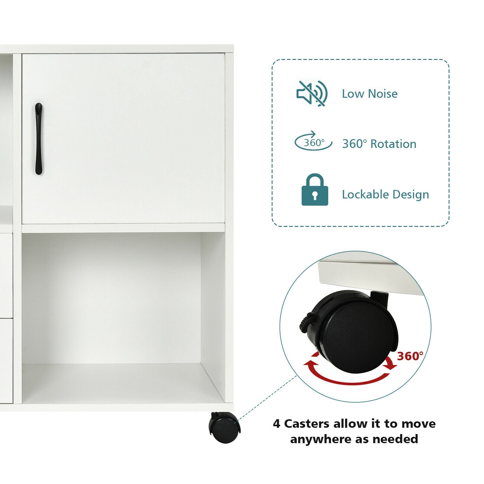 Mobile File Cabinet with Lateral Printer Stand and Storage Shelves -White