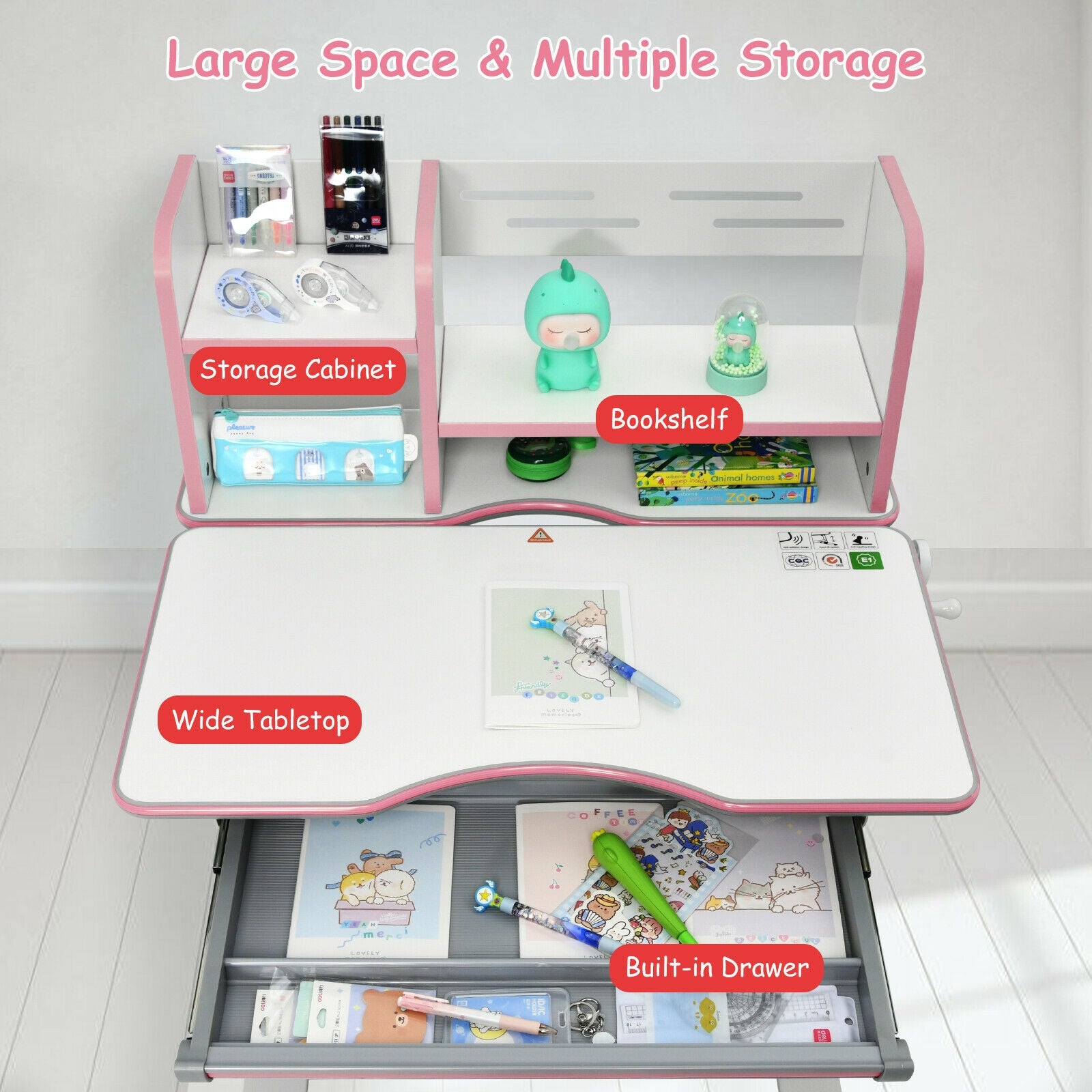 Kids Multifunctional Writing Desk with Tilt Desktop and Book Shelf-Pink