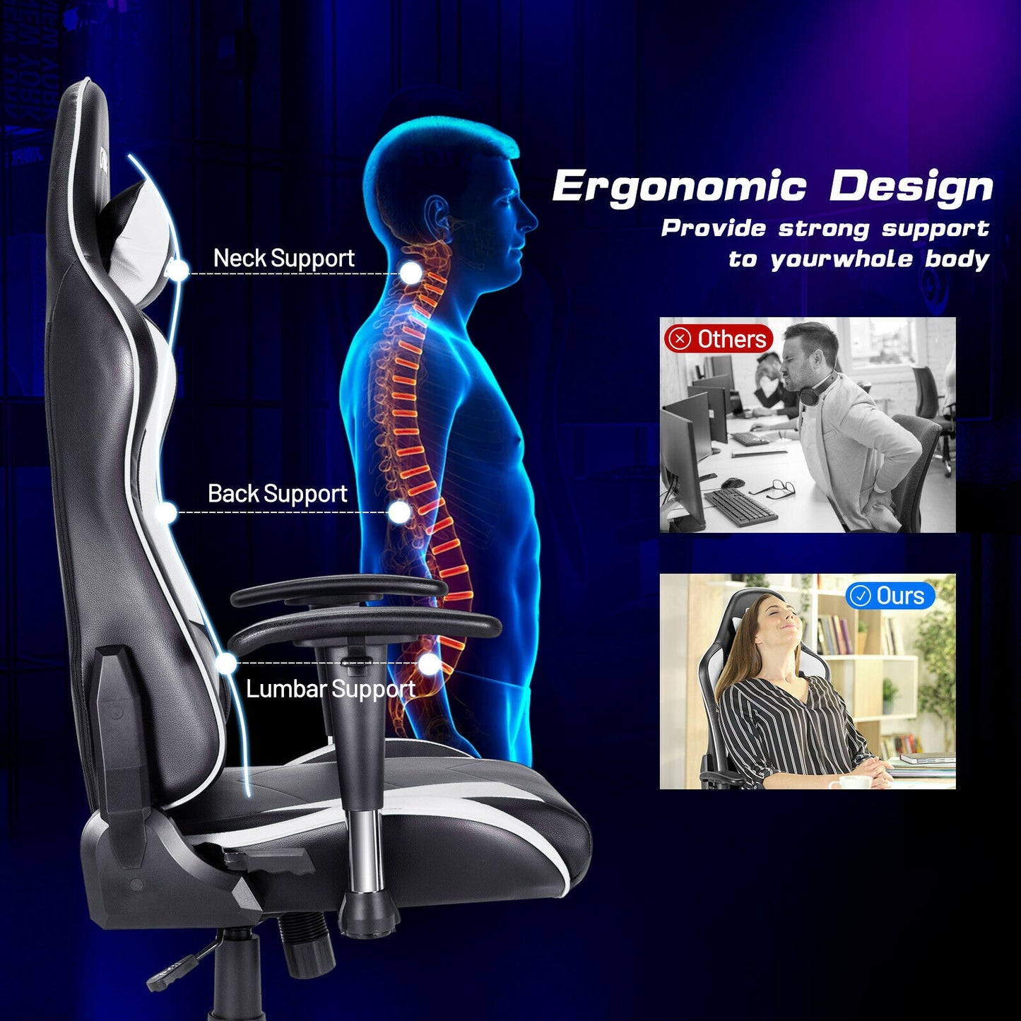 Gaming Chair Adjustable Swivel Racing Style Computer Office Chair-White