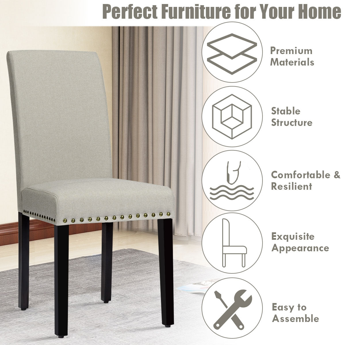 Set of 2 Fabric Upholstered Dining Chairs with Nailhead