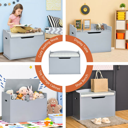 Kids Toy Wooden Flip-top Storage Box Chest Bench with Cushion Hinge-White - Gray