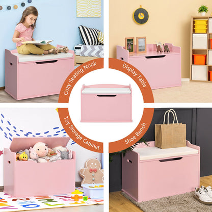 Kids Toy Wooden Flip-top Storage Box Chest Bench with Cushion Hinge-White - Pink