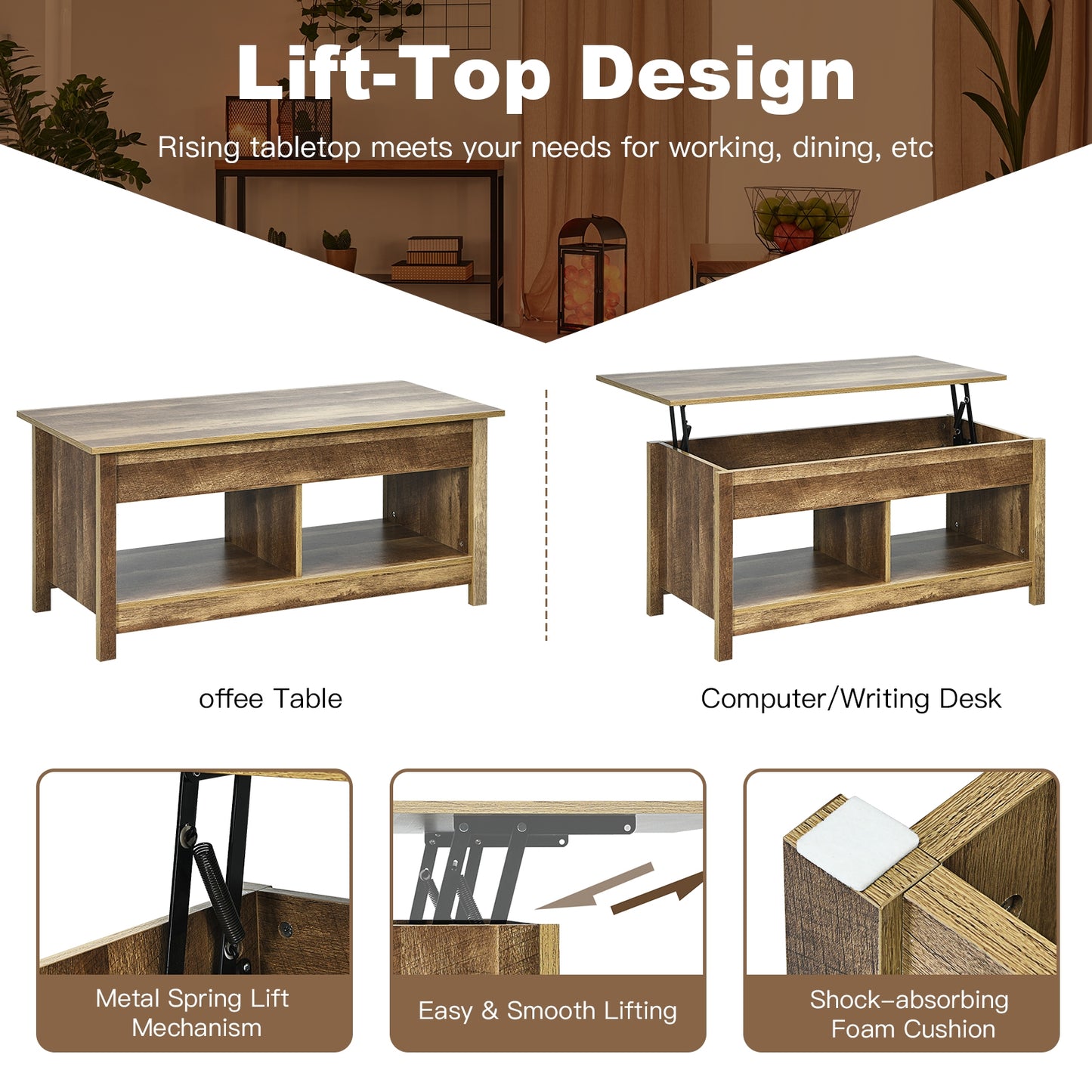 Lift Top Coffee Table with Hidden Storage Compartment and Lower Shelf for Study Room-Oak