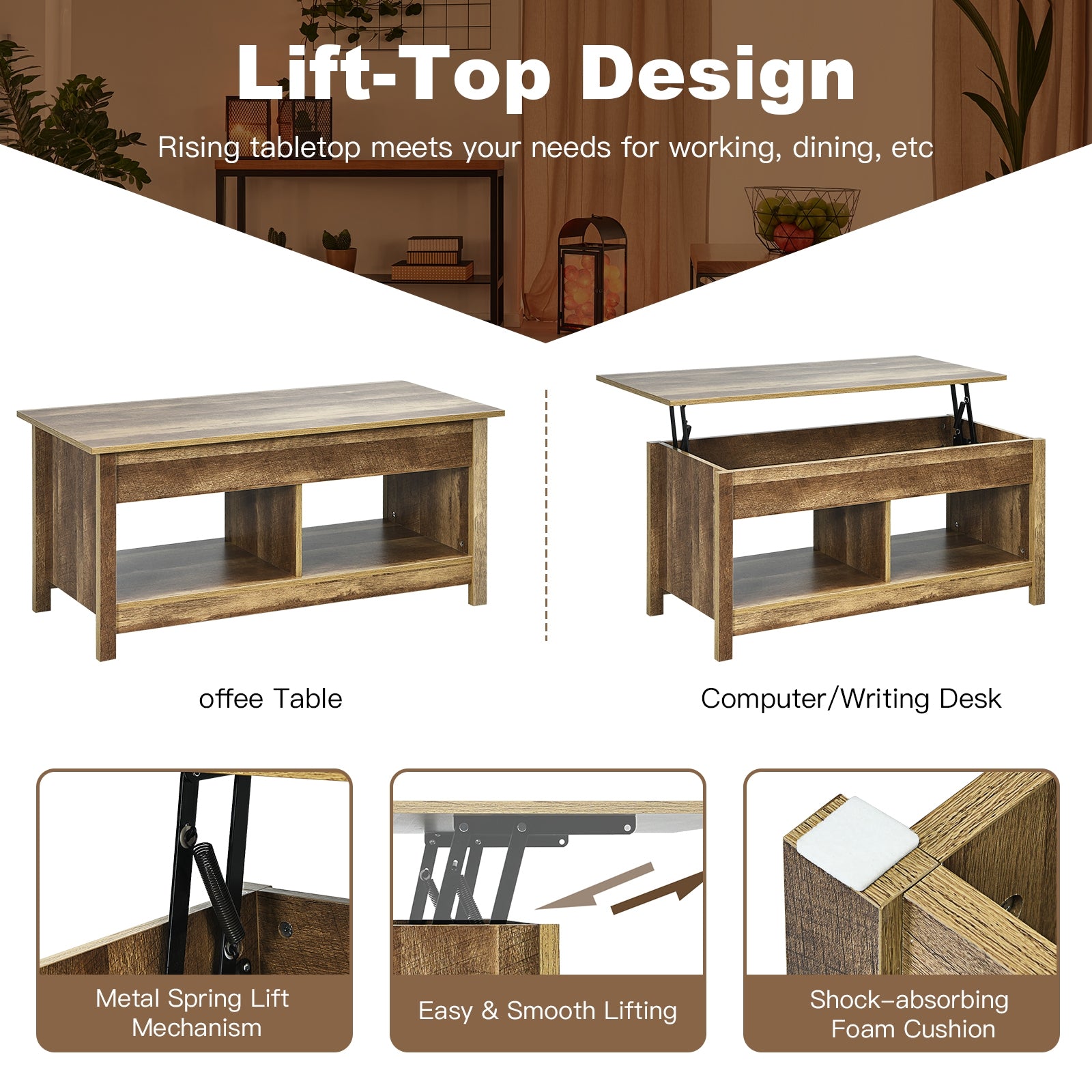 Lift Top Coffee Table with Hidden Storage Compartment and Lower Shelf for Study Room-Oak