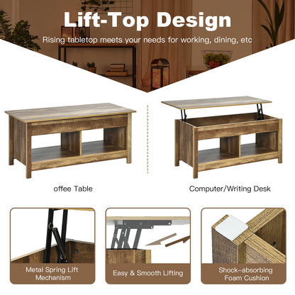 Lift Top Coffee Table with Hidden Storage Compartment and Lower Shelf for Study Room-Oak