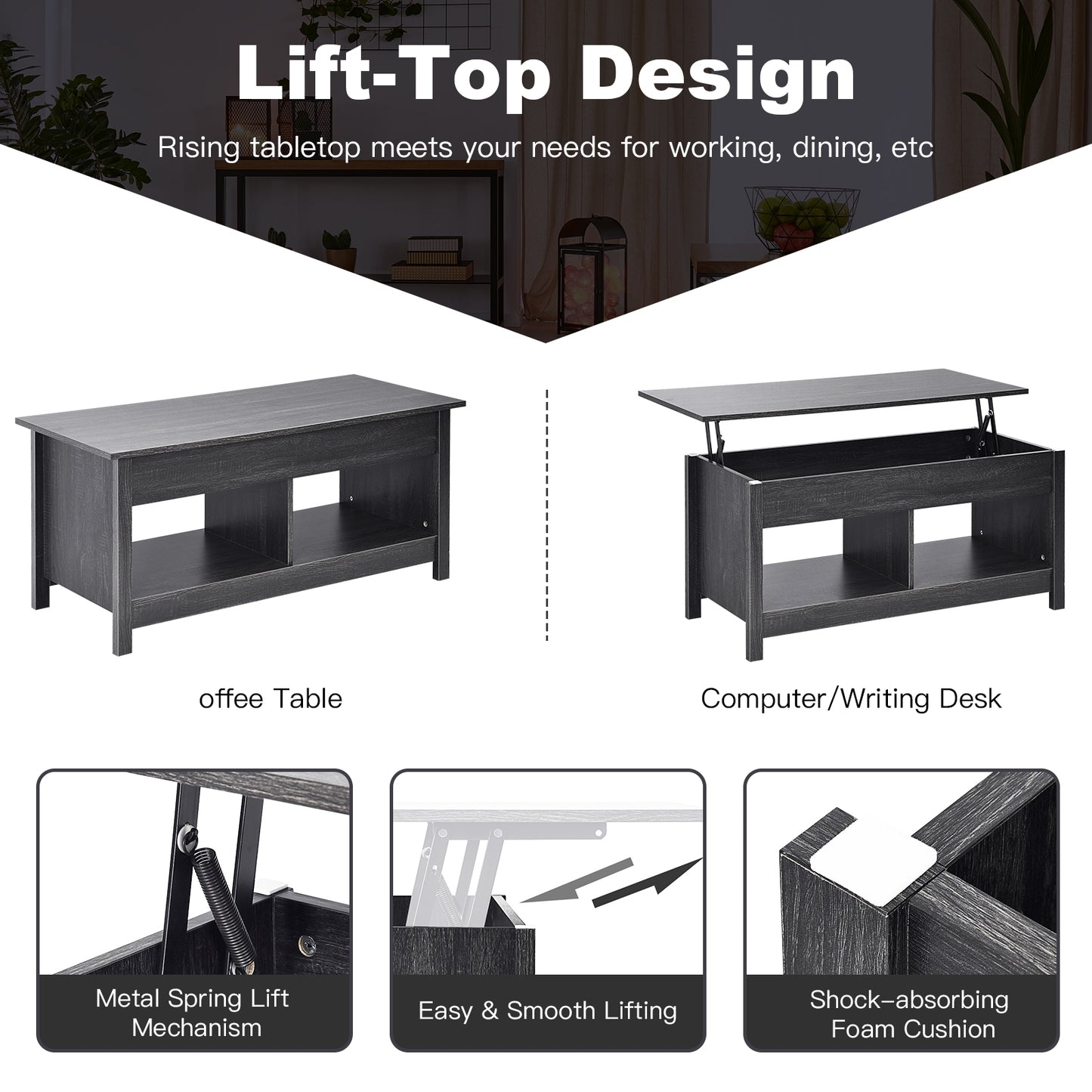 Lift Top Coffee Table with Hidden Storage Compartment and Lower Shelf for Study Room-Black