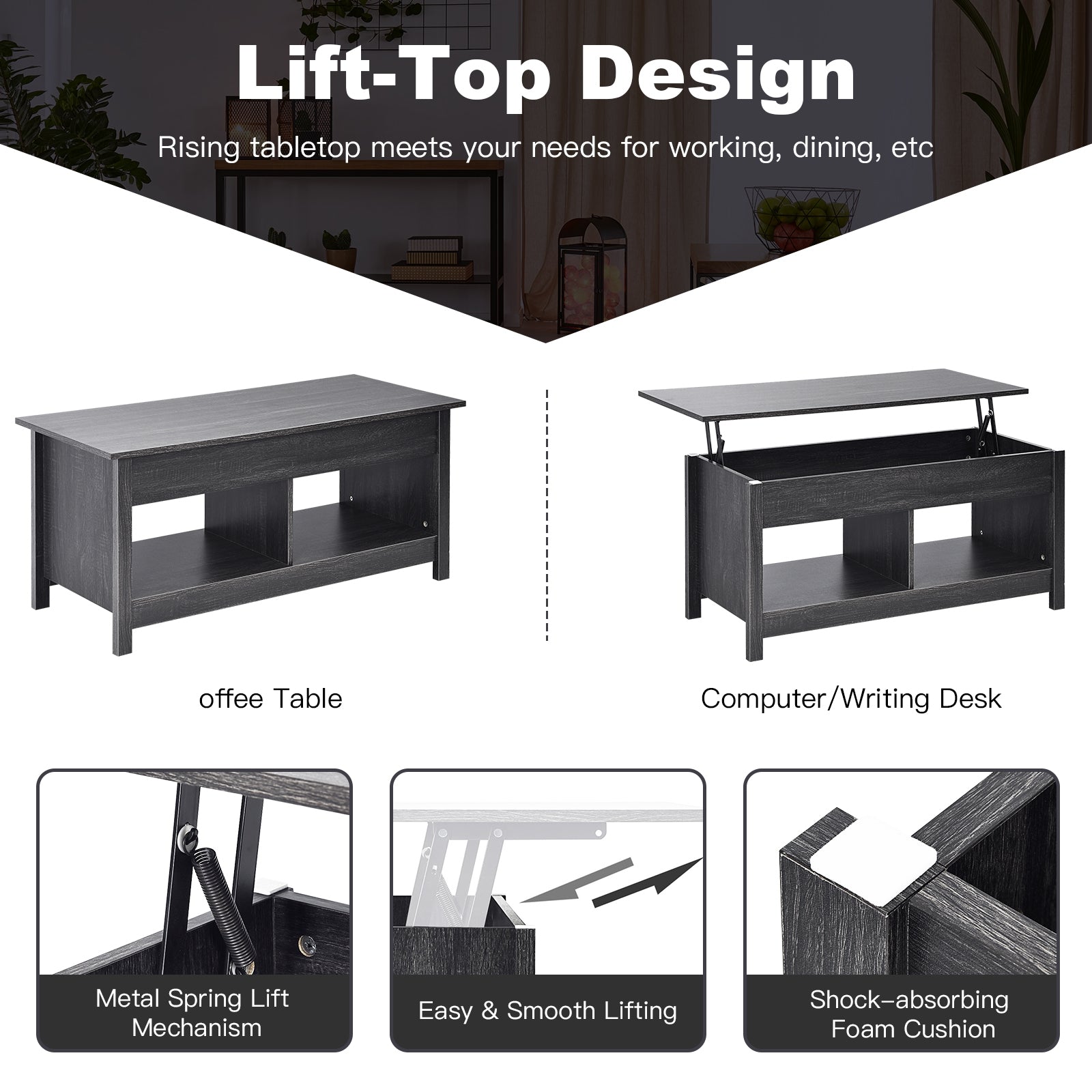 Lift Top Coffee Table with Hidden Storage Compartment and Lower Shelf for Study Room-Black