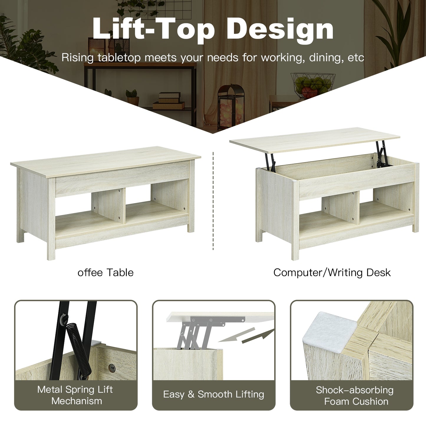 Lift Top Coffee Table with Hidden Storage Compartment and Lower Shelf for Study Room-White
