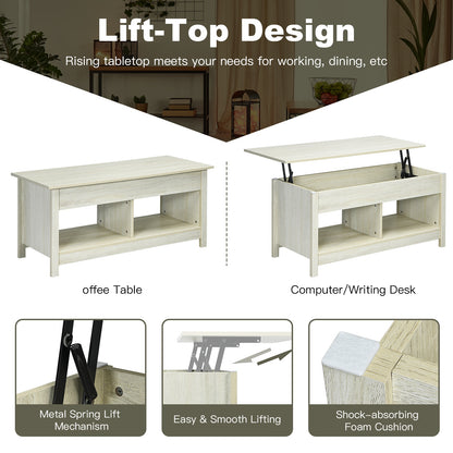 Lift Top Coffee Table with Hidden Storage Compartment and Lower Shelf for Study Room-White