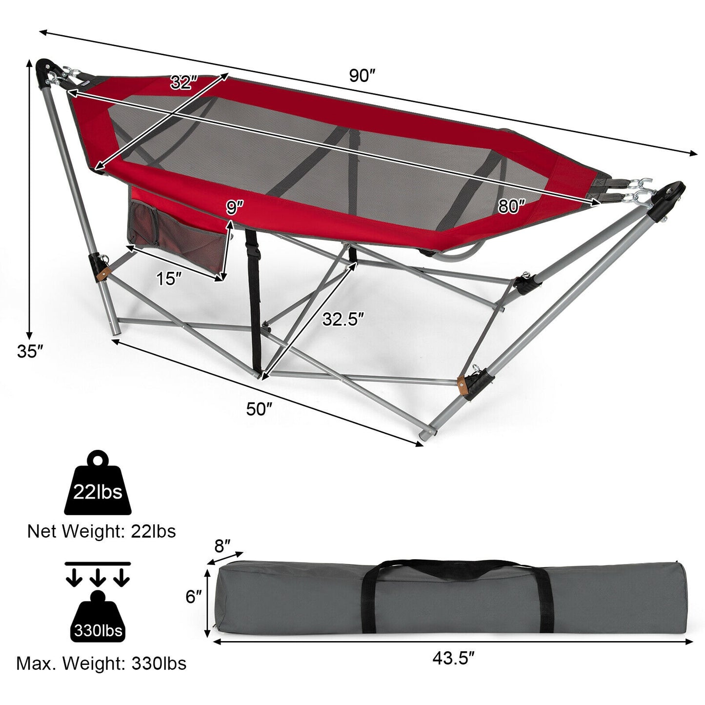 Portable Folding Hammock with Hammock Stand-Gray - Red
