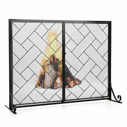 2-Panel Fireplace Screen Folding Metal Fire Place Safety Fence with Magnetic Doors-Black