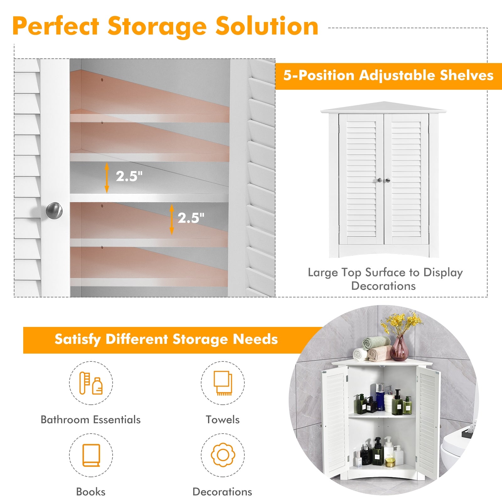 Adjustable Corner Storage Cabinet with Shutter Doors-White