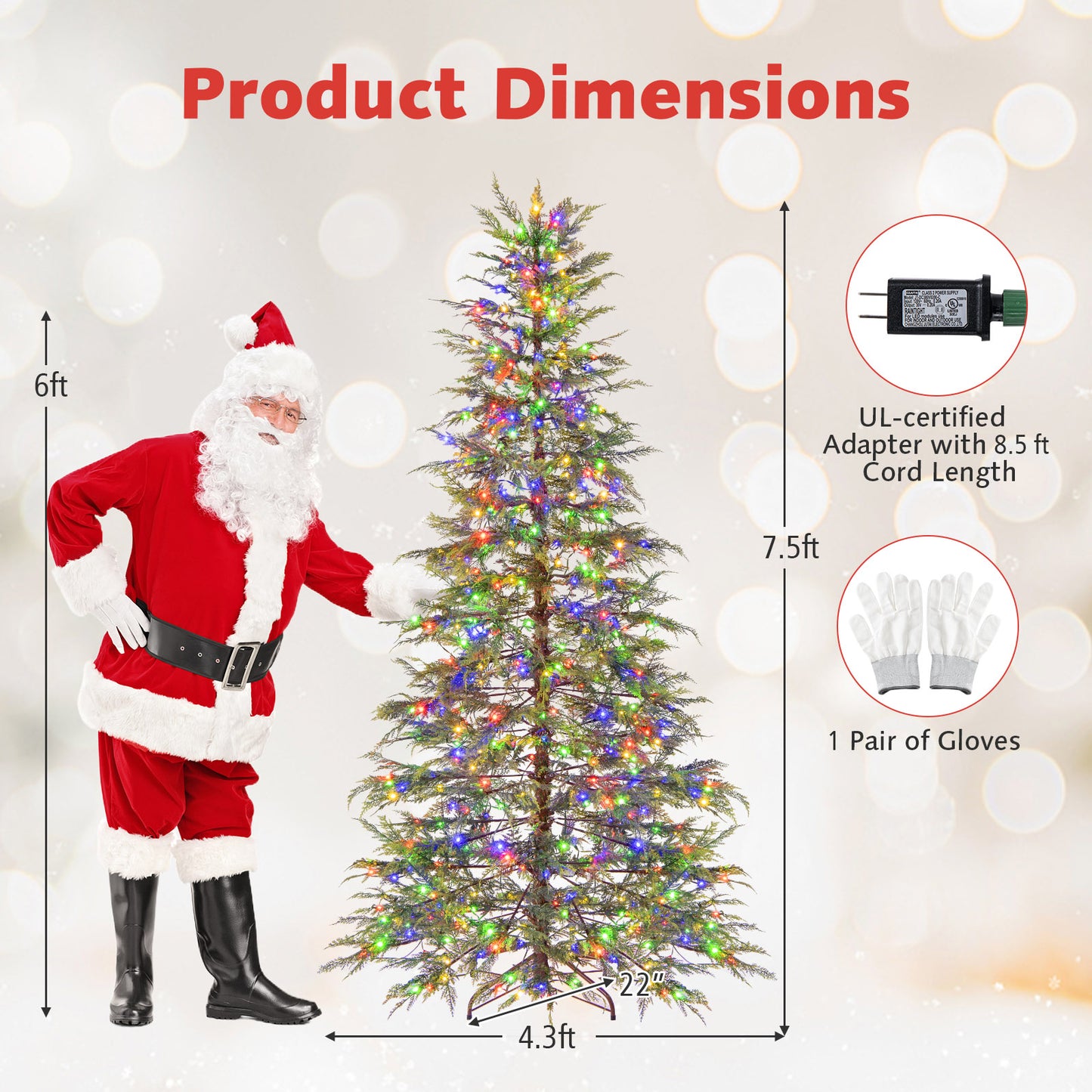 7.5 Feet Artificial Christmas Tree with Branch Tips and Colorful LED Lights