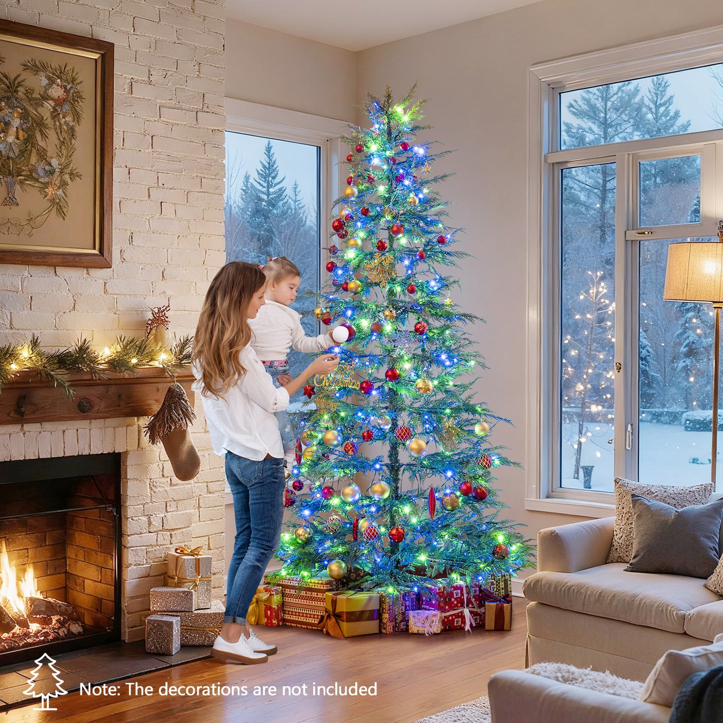 7.5 Feet Artificial Christmas Tree with Branch Tips and Colorful LED Lights