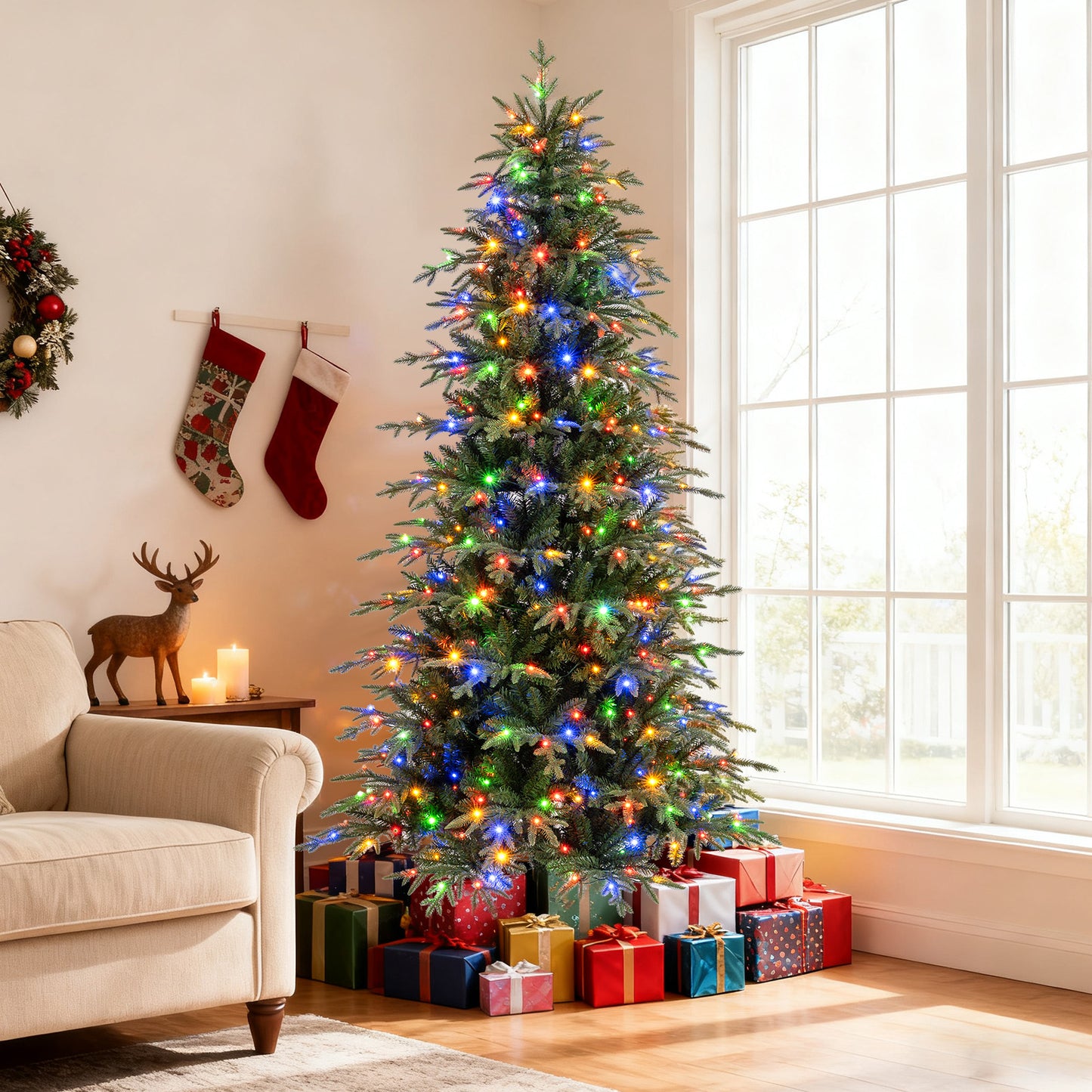 7.5 Feet Pre-Lit Artificial Christmas Tree Hinged Xmas Tree with LED Lights