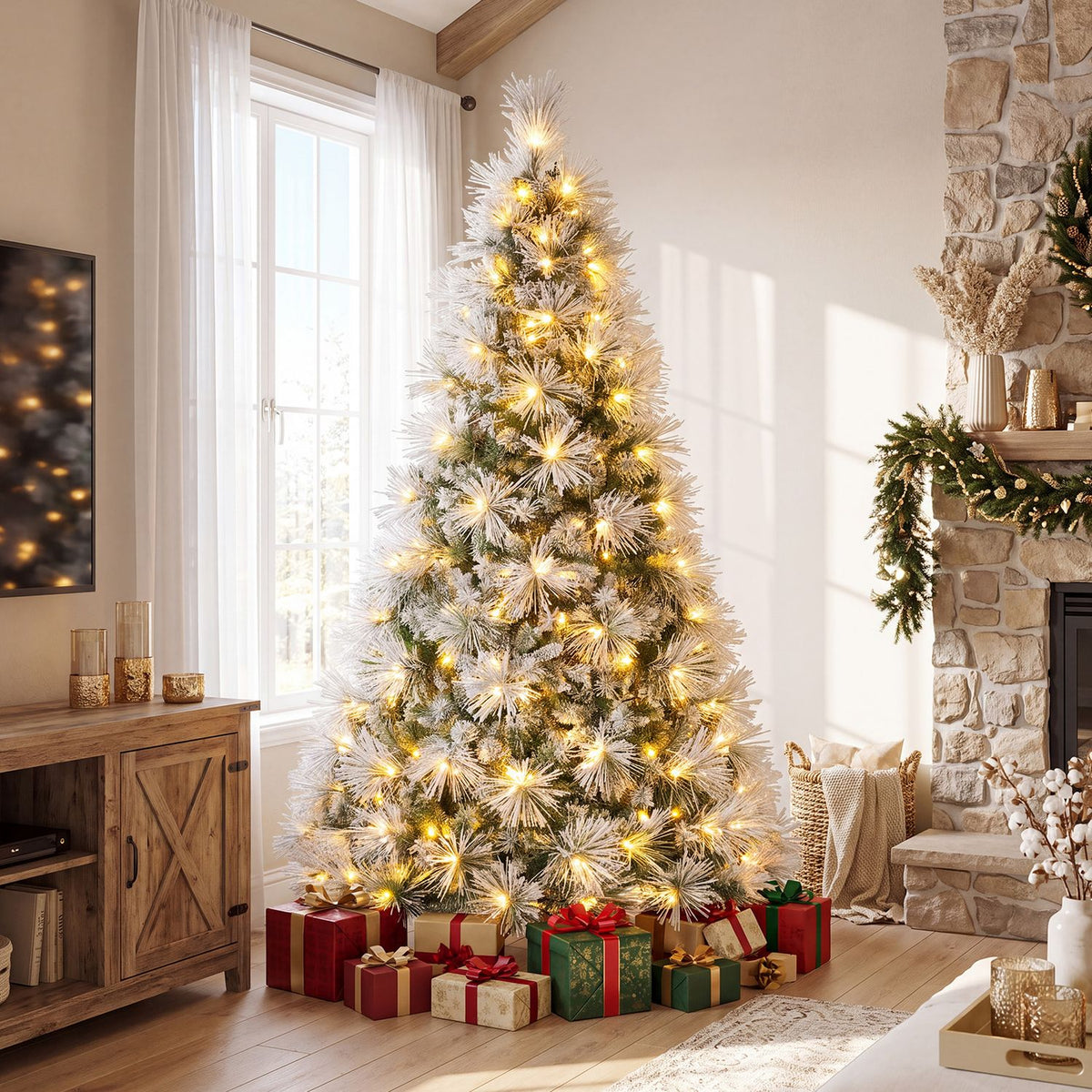 7.5 ft Flocked Pine Christmas Tree with Folding Metal Stand