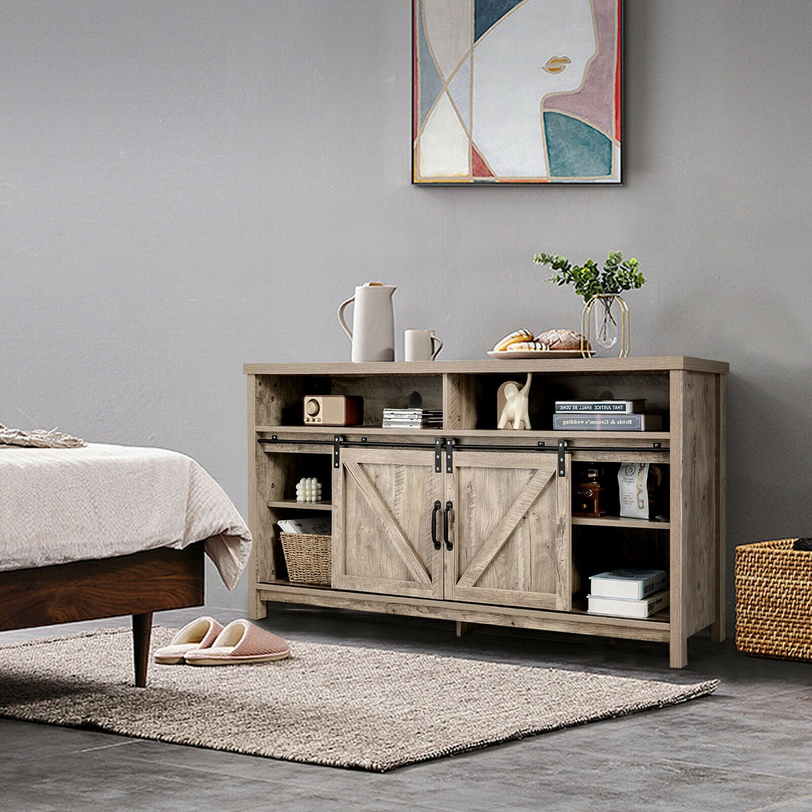 59 Inch Sliding Barn Door TV Stand with Adjustable Shelves for TVs up to 65 Inch