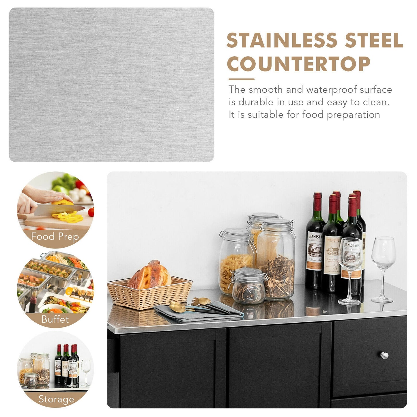 Rolling Kitchen Island with Stainless Steel Countertop and 3 Drawers-Black