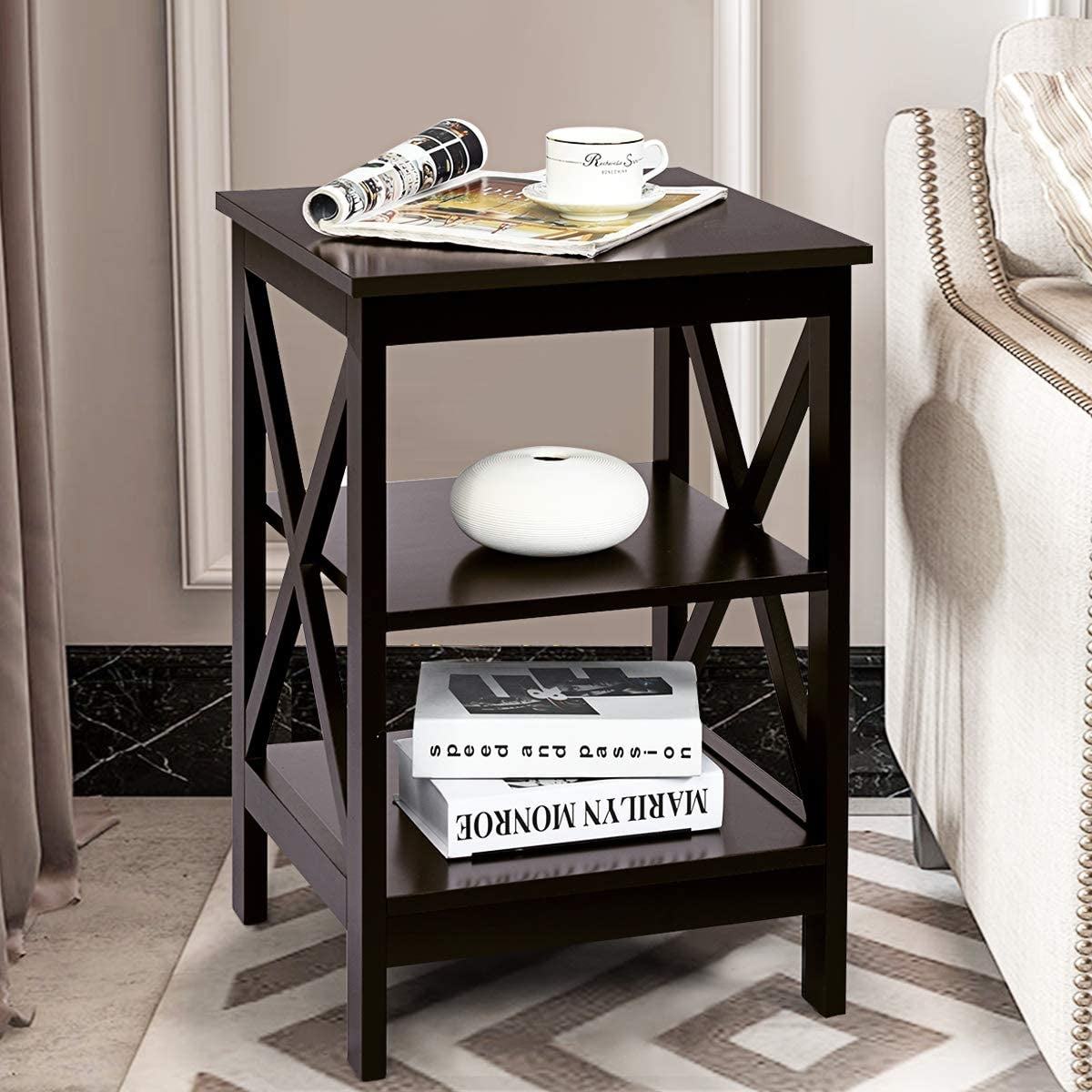 3-Tier X-Design Nightstands with Storage Shelves for Living Room Bedroom-Espresso