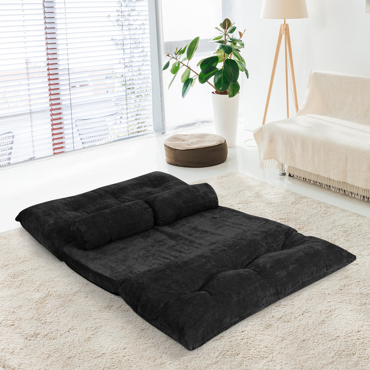 6-Position Adjustable Sleeper Lounge Couch with 2 Pillows-Black