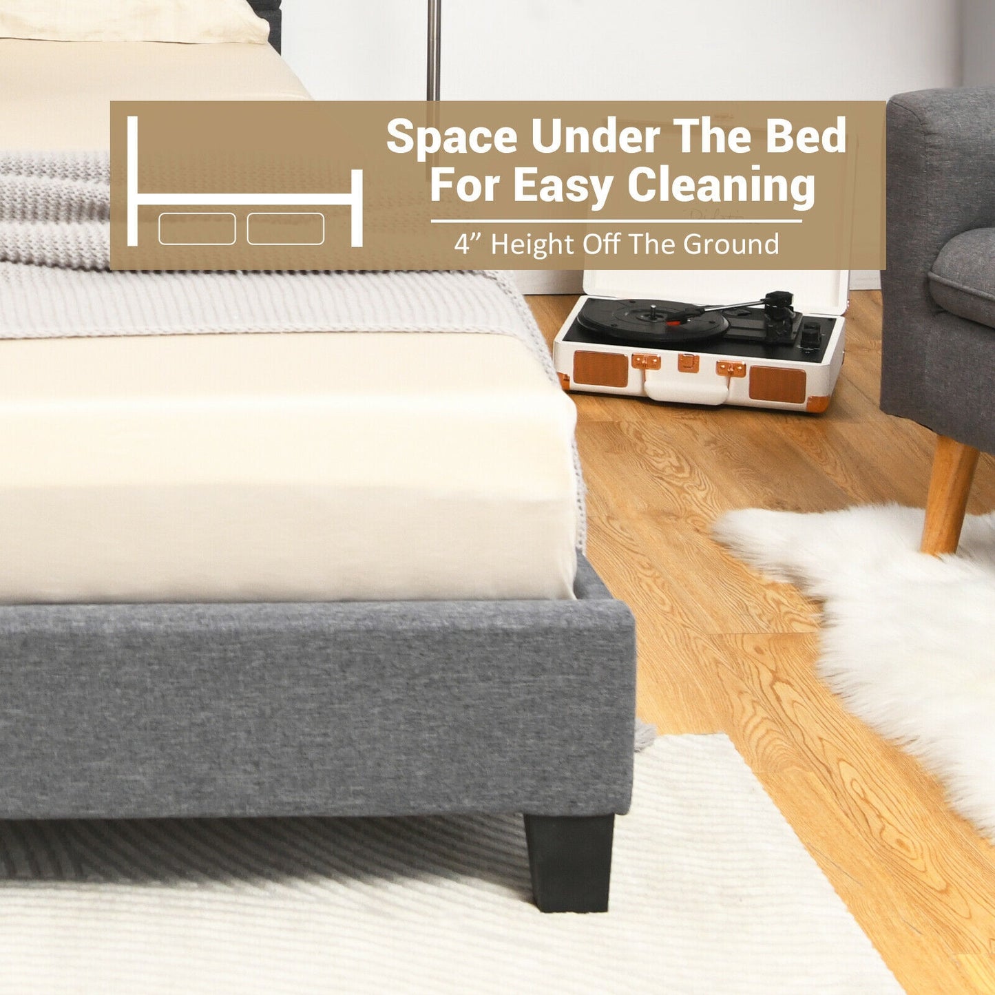 Full/Queen Size Upholstered Platform Bed Frame with Linen Headboard-Full Size