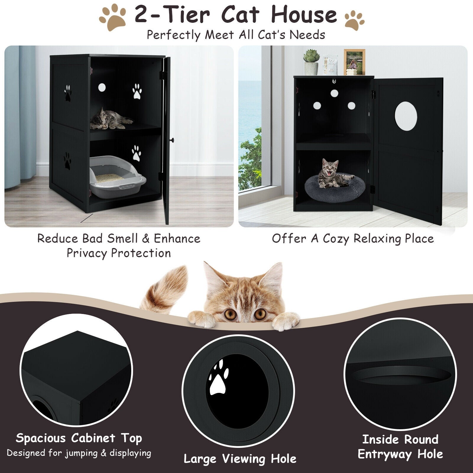 2-tier Litter Hidden Cat House With Anti-toppling Device-Black