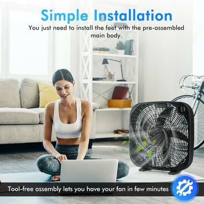 20 Inch Box Portable Floor Fan with 3 Speed Settings and Knob Control-Black
