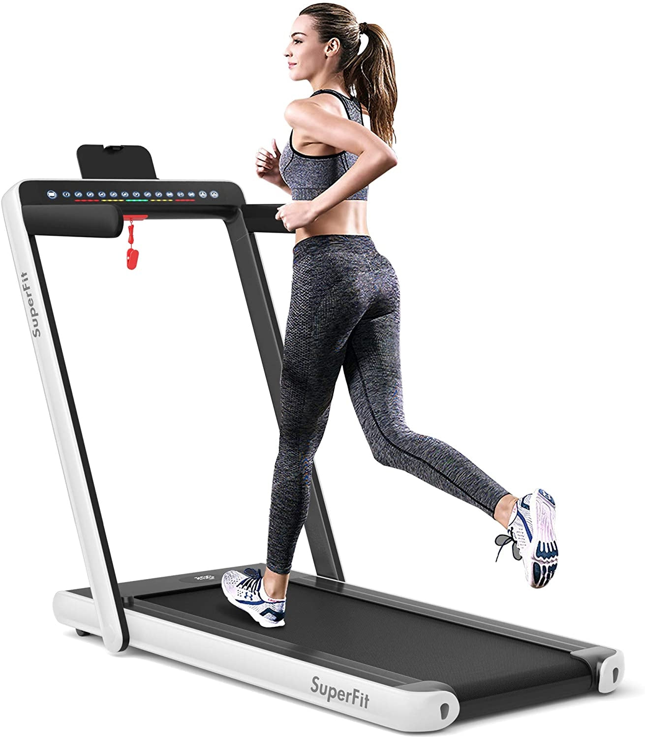 2-in-1 Electric Motorized Health and Fitness Folding Treadmill with Dual Display and Speaker-Yellow - White