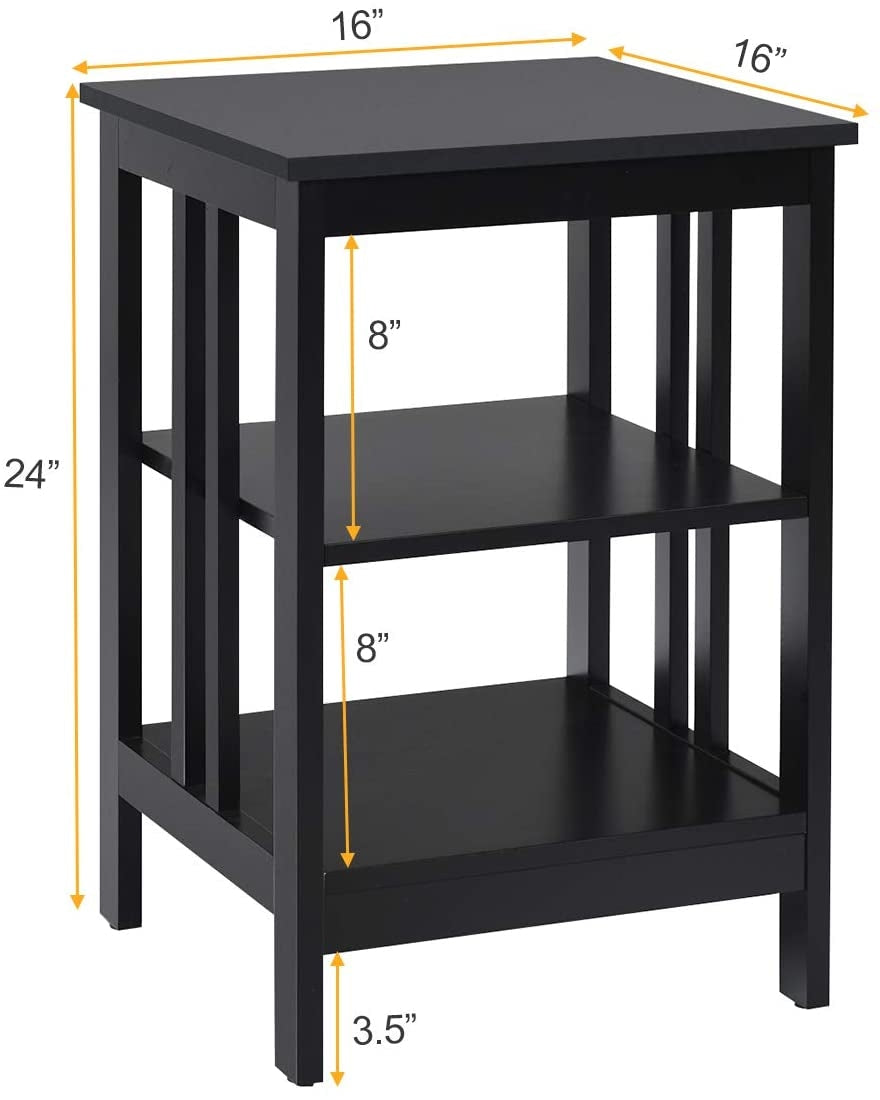 2 Pieces 3-Tier Nightstand with Reinforced Bars and Stable Structure-Black