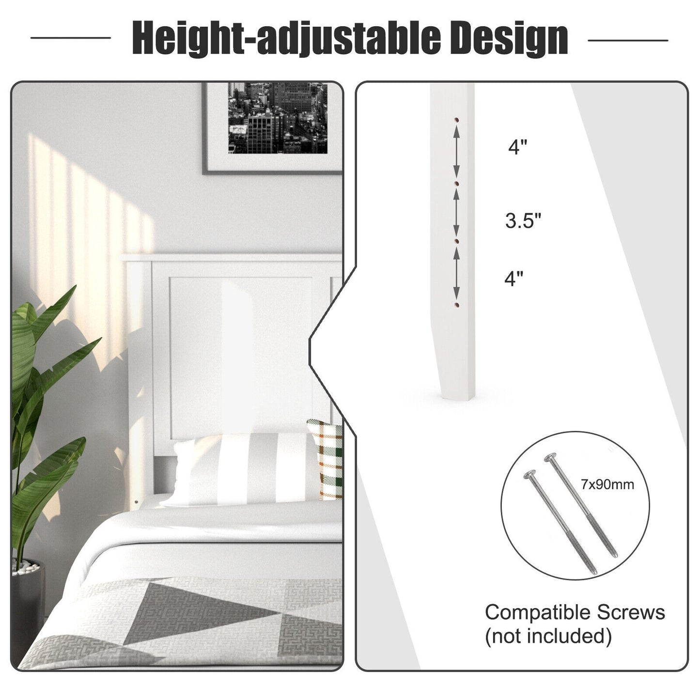 Full Wood Headboard Flat Panel with Pre-drilled Holes and Height Adjustment-White